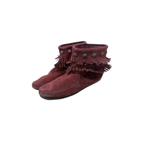 Minnetonka Women's Double Fringe Burgundy Suede Moccasin Ankle Booties Boots 10 - Picture 1 of 7